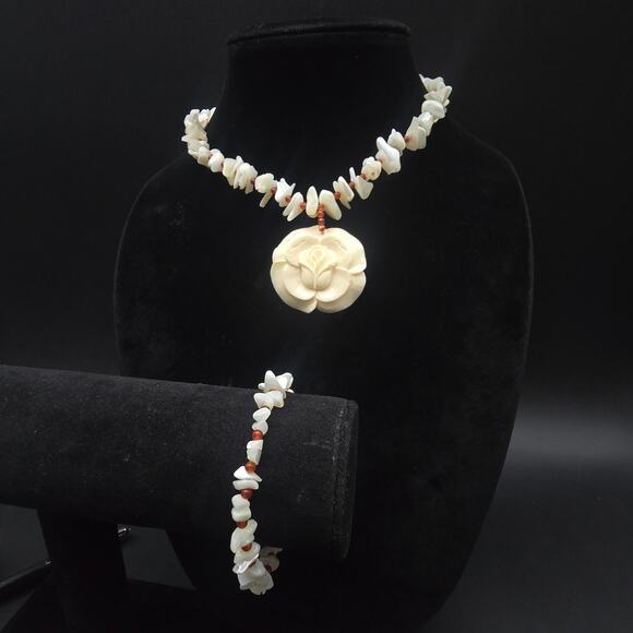 925 HK Mother of Pearl Red Carnelian Carved Flower Necklace Bracelet Set - Picture 10 of 12